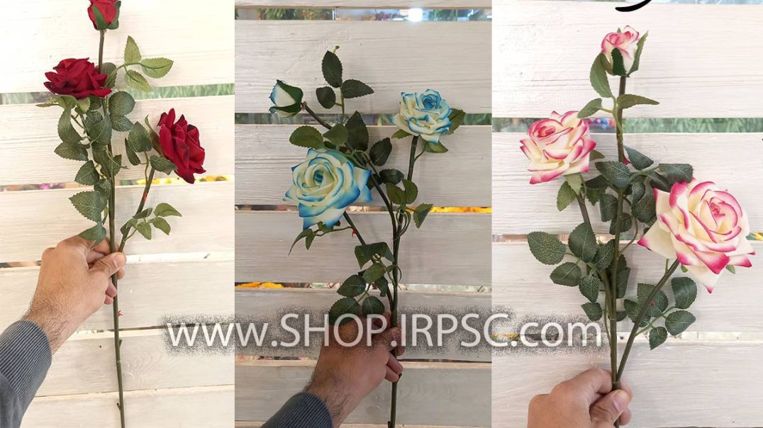 ⁣شاخه گل مصنوعی رز مخمل دارای 3 گل پخش از فروشگاه ملی