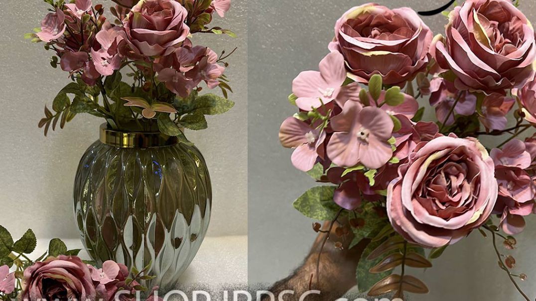 ⁣بوته گل مصنوعی رز و آرتانزیا دارای 4 سرگل رز درشت پخش از فروشگاه ملی کد HB0121