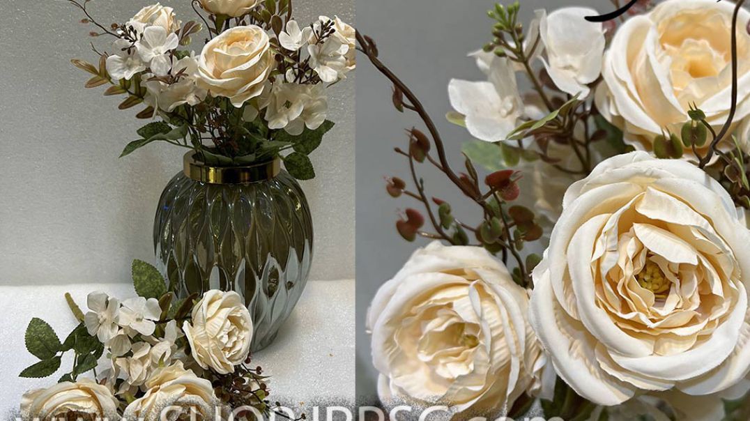⁣بوته گل مصنوعی رز دارای 4 سرگل رز بزرگ و سرگل های آرتانزیا پخش از فروشگاه ملی کد HB001