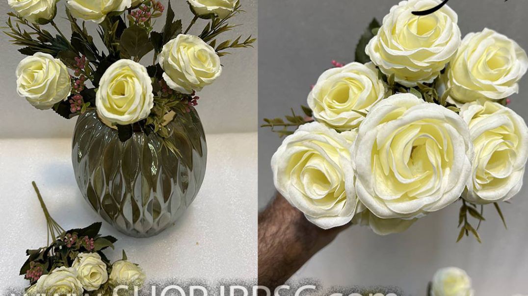 ⁣بوته گل مصنوعی رز مدل 7 گل جنس پارچه ای رنگ سفید پخش از فروشگاه ملی